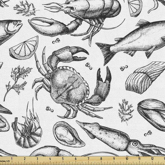 Ambesonne Ocean Fabric by the Yard Upholstery, Sketchy Seafood Pattern, 5 Yards, Black and White