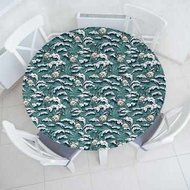 Ambesonne Ocean Fitted Round Tablecloth, Minimalist Wave Pattern Retro, 56"- 60" Diameter, Almond Green and Eggshell