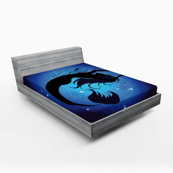 Ambesonne Ocean Fitted Sheet 2 Pcs Set, Aquatic Girl Mermaid, California King, Purple Black