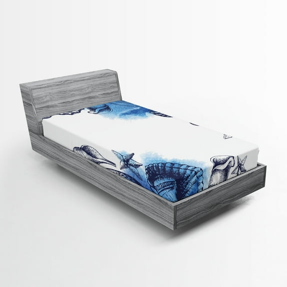 Ambesonne Ocean Fitted Sheet 2 Pcs Set, Sealife Sea Shells Sand, Twin, Navy Blue and White