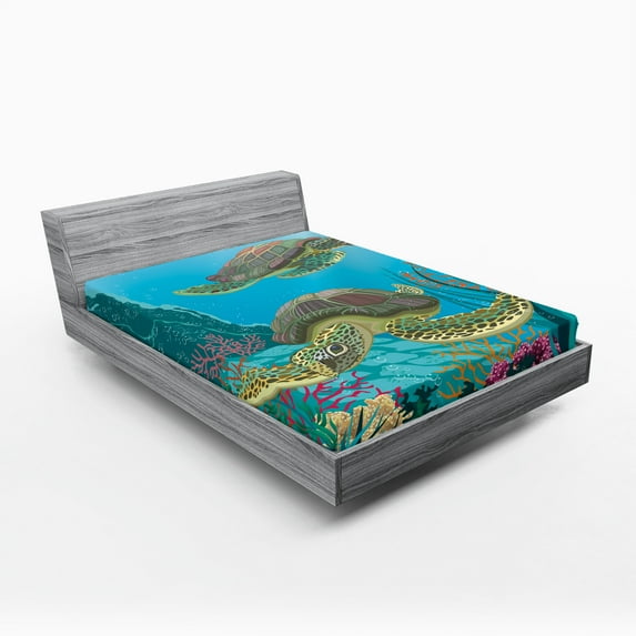 Ambesonne Ocean Fitted Sheet 2 Pcs Set, Sealife Turtles Aquatic, California King, Multicolor
