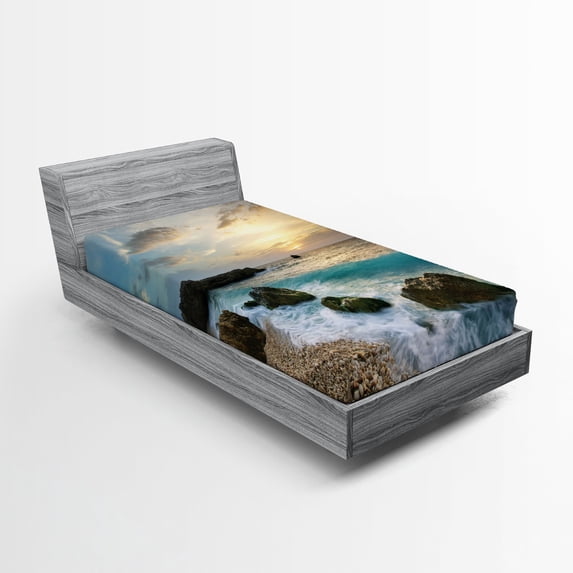 Ambesonne Ocean Fitted Sheet 2 Pcs Set, Seascape Sunrise Waves, Twin XL, Brown Blue Yellow