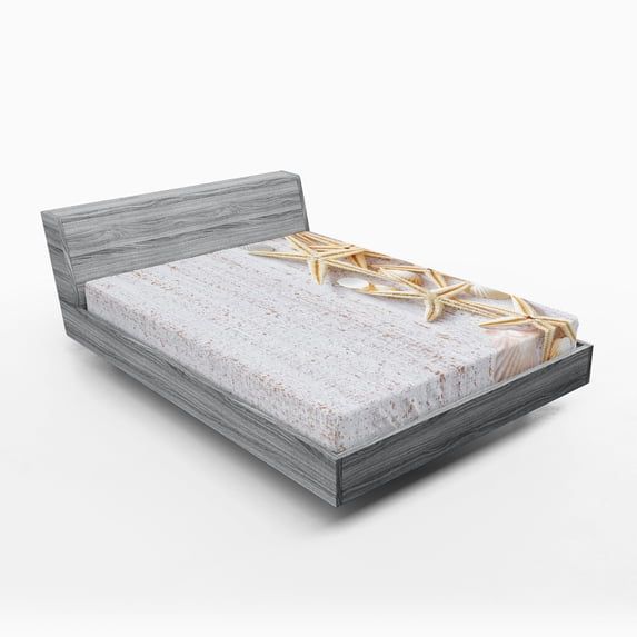 Ambesonne Ocean Fitted Sheet 2 Pcs Set, Seashells and Starfish, Full, Ivory