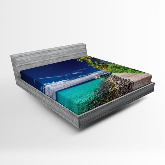 Ambesonne Ocean Fitted Sheet, Beach Palm Trees Sky, Queen Size, Turquoise Green