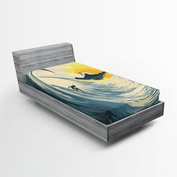 Ambesonne Ocean Fitted Sheet, Cloudy Tropical Island, Twin Size, Beige Yellow Navy