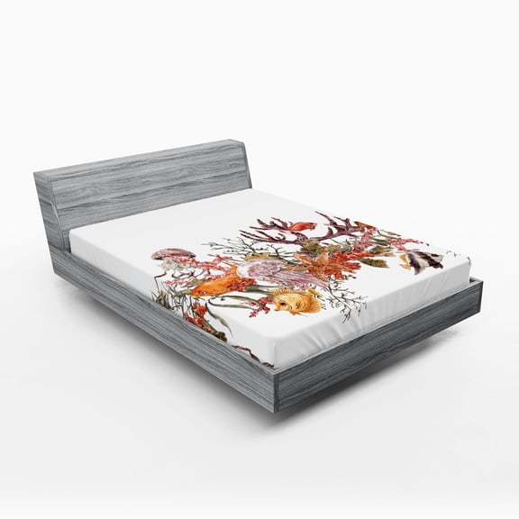 Ambesonne Ocean Fitted Sheet, Coral Algea Sealife, Full Size, Mustard Olive