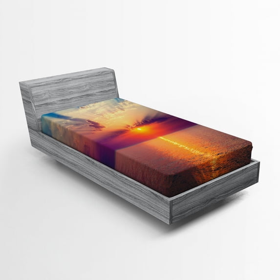 Ambesonne Ocean Fitted Sheet, Dawn Sea Tranquil View, Twin XL Size, Orange Purple Blue