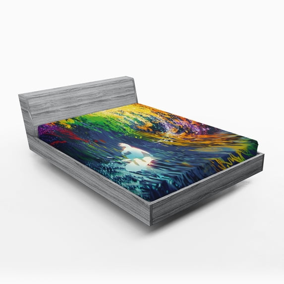 Ambesonne Ocean Fitted Sheet, Exotic Surfer on Waves, Queen Size, Multicolor