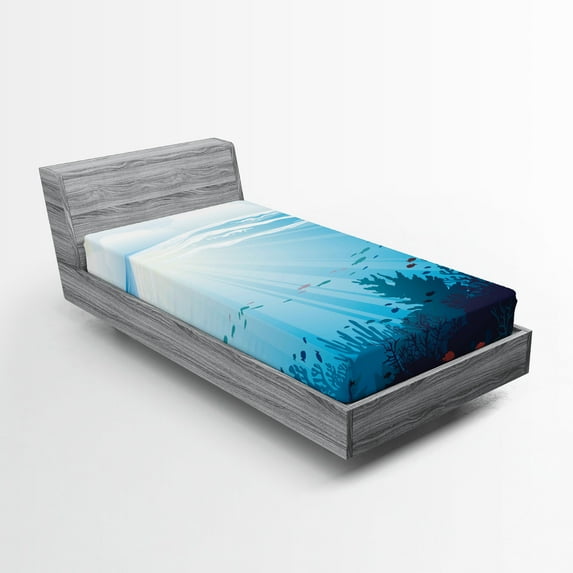 Ambesonne Ocean Fitted Sheet, Fish Aquarium Coral Reefs, Twin Size, Teal Turquoise and Blue