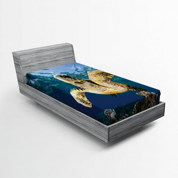 Ambesonne Ocean Fitted Sheet, Hawksbill Sea Turtle, Twin XL Size, Blue Lilac Yellow