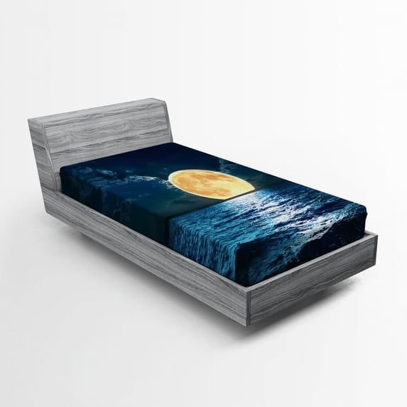 Ambesonne Ocean Fitted Sheet, Magic Super Moon Design, Twin Size, Yellow Navy