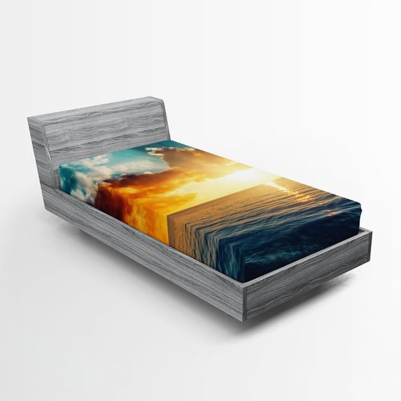 Ambesonne Ocean Fitted Sheet, Majestic Sunset over Sea, Twin XL Size, Turquoise Orange Blue