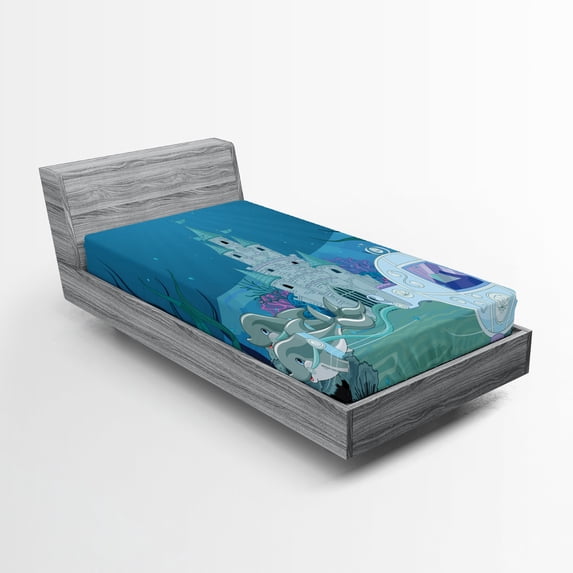 Ambesonne Ocean Fitted Sheet, Mermaid Castle, Twin Size, Turquoise Pale Blue Teal