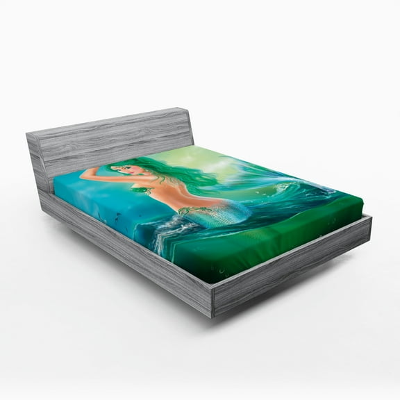 Ambesonne Ocean Fitted Sheet, Mermaid Tail Waves Sea, Full Size, Blue Green