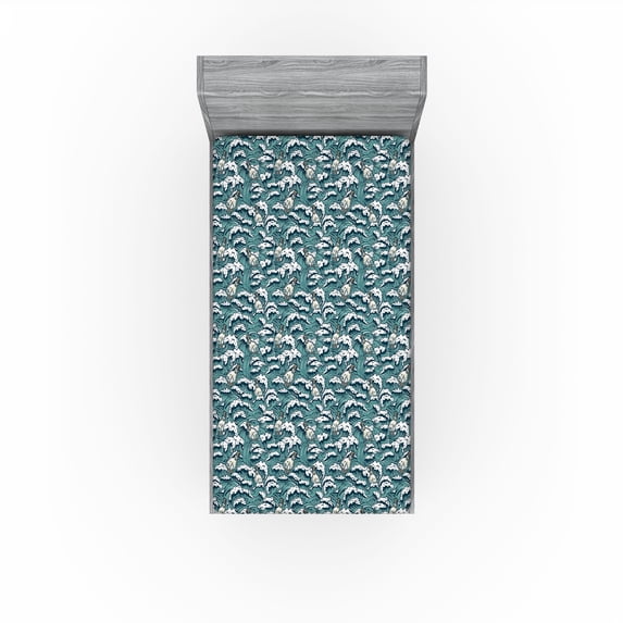 Ambesonne Ocean Fitted Sheet, Minimalist Wave Pattern Retro, Twin Size, Almond Green and Eggshell