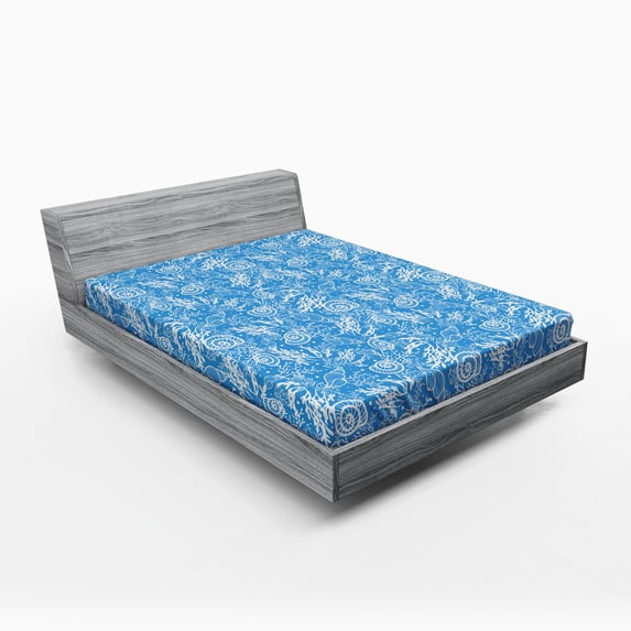Ambesonne Ocean Fitted Sheet, Monochrome Shells Corals, Full Size, Azure Blue White