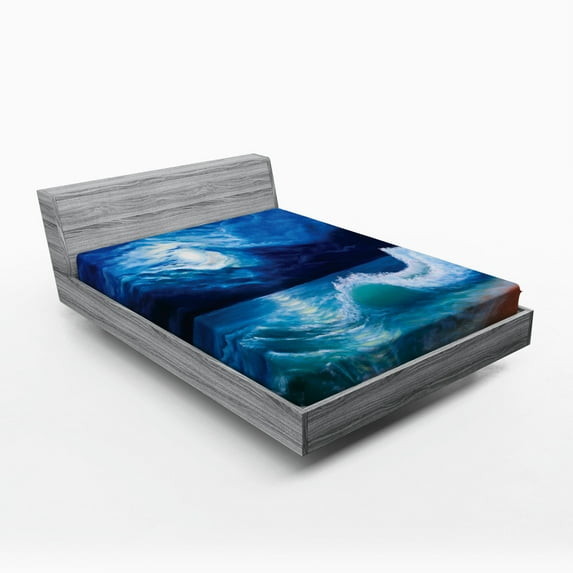 Ambesonne Ocean Fitted Sheet, Moonlight over Wavy Sea, Full Size, Navy White