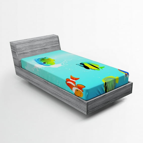 Ambesonne Ocean Fitted Sheet, Nautical Navy Deep Sea, Twin XL Size, Blue Orange and Yellow