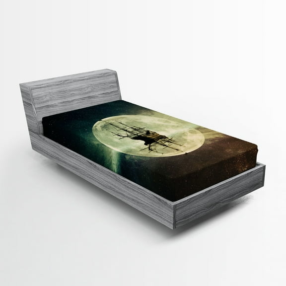 Ambesonne Ocean Fitted Sheet, Old Ship Sea Moonlight, Twin XL Size, Umber Dark Blue White