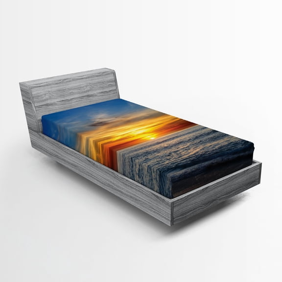 Ambesonne Ocean Fitted Sheet, Pacific California Sunset, Twin XL Size, Orange Blue