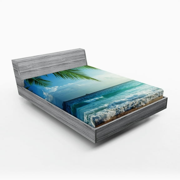 Ambesonne Ocean Fitted Sheet, Palms Tropical Island, King Size, Green and Blue