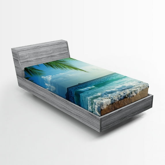 Ambesonne Ocean Fitted Sheet, Palms Tropical Island, Twin Size, Green and Blue