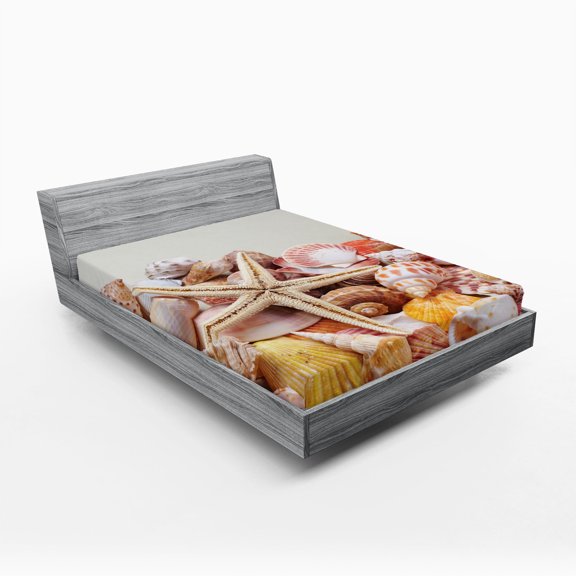 Ambesonne Ocean Fitted Sheet, Pile of Seashells Beach, Full Size, Coconut Cream Orange
