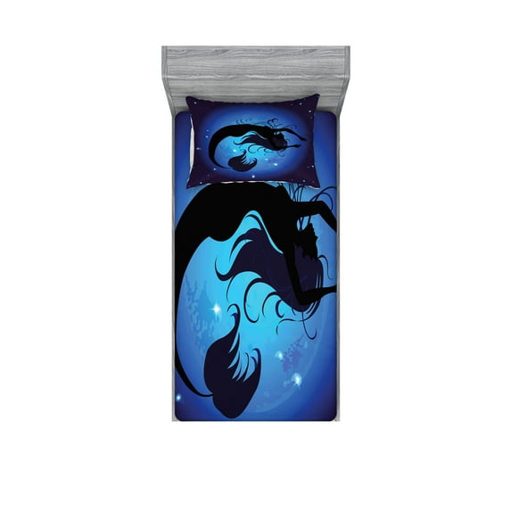 Ambesonne Ocean Fitted Sheet & Pillow Sham Set, Aquatic Girl Mermaid, Twin, Purple Black
