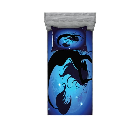 Ambesonne Ocean Fitted Sheet & Pillow Sham Set, Aquatic Girl Mermaid, Twinxl, Purple Black