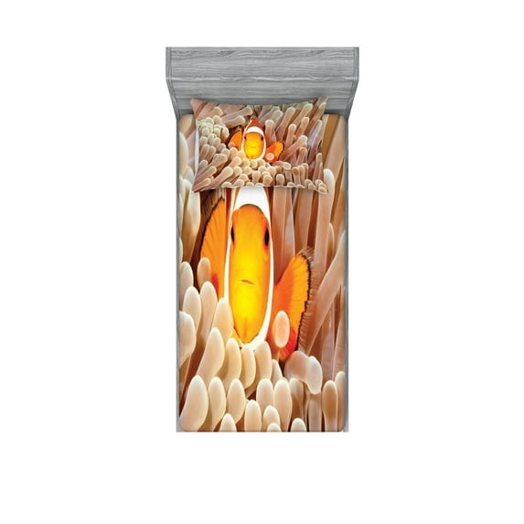 Ambesonne Ocean Fitted Sheet & Pillow Sham Set, Bali Indonesia Fishes, Twinxl, Beige Orange