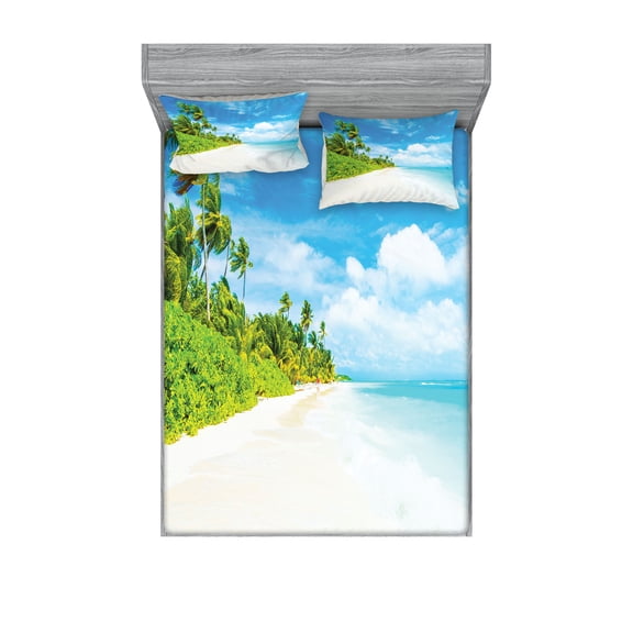 Ambesonne Ocean Fitted Sheet & Pillow Sham Set, Beach Sea Exotic Palms, Queen, Blue Green Cream