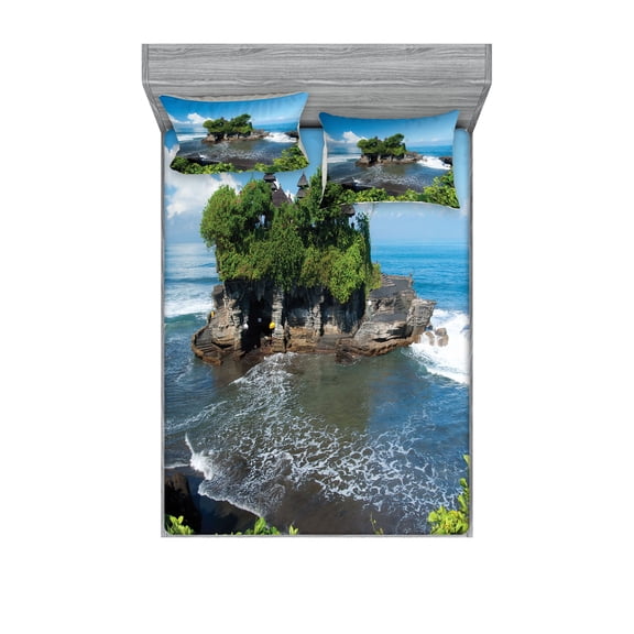 Ambesonne Ocean Fitted Sheet & Pillow Sham Set, Building in Bali Island Asia, Queen, Green Blue