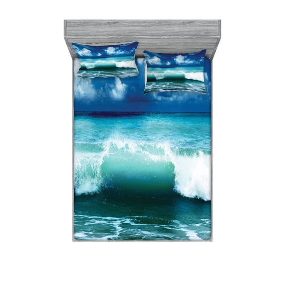 Ambesonne Ocean Fitted Sheet & Pillow Sham Set, Caribbean Seascape Waves, Queen, Aqua Navy Blue White