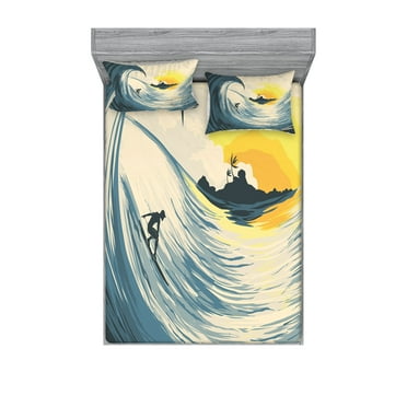 Ambesonne Ocean Fitted Sheet & Pillow Sham Set, Cloudy Tropical Island, Queen, Beige Yellow Navy