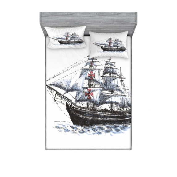 Ambesonne Ocean Fitted Sheet & Pillow Sham Set, Columbus Ship Sailing, Queen, Multicolor