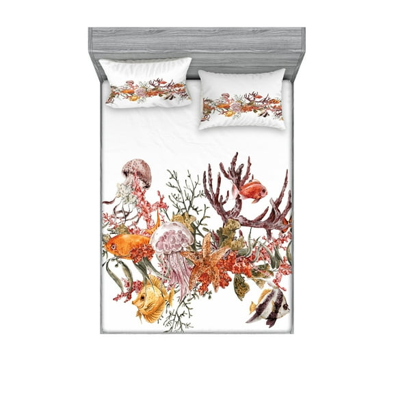 Ambesonne Ocean Fitted Sheet & Pillow Sham Set, Coral Algea Sealife, Full, Mustard Olive