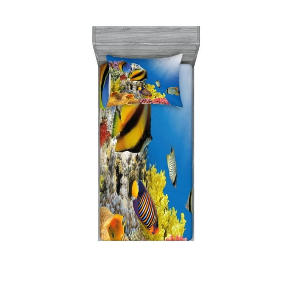 Ambesonne Ocean Fitted Sheet & Pillow Sham Set, Coral Colony on Reef Top, Twinxl, Multicolor
