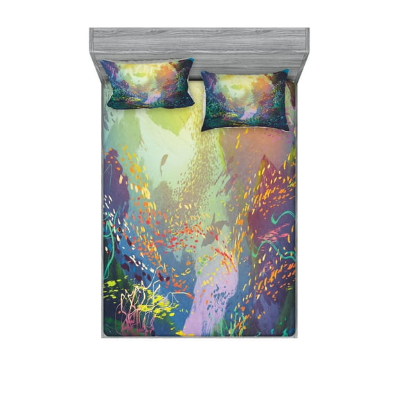 Ambesonne Ocean Fitted Sheet & Pillow Sham Set, Coral Reef Aquarium Art, Queen, Turquoise Yellow Pink