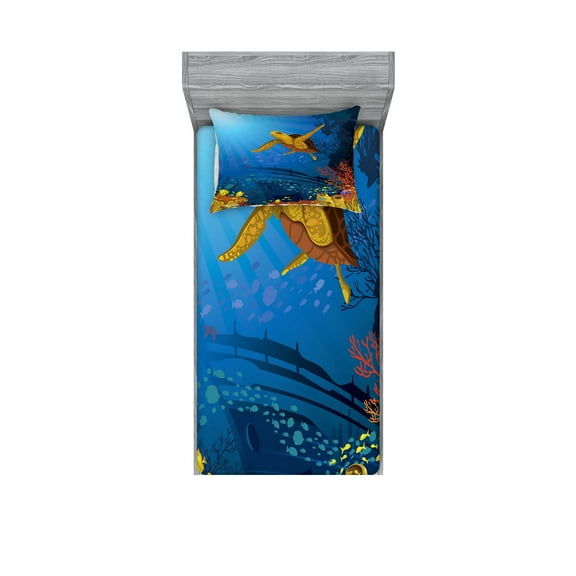 Ambesonne Ocean Fitted Sheet & Pillow Sham Set, Coral Reef Fish Turtle, Twinxl, Yellow Orange Navy