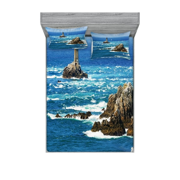 Ambesonne Ocean Fitted Sheet & Pillow Sham Set, Daytime Wavy Rocky Sea, Queen, Blue Grey White