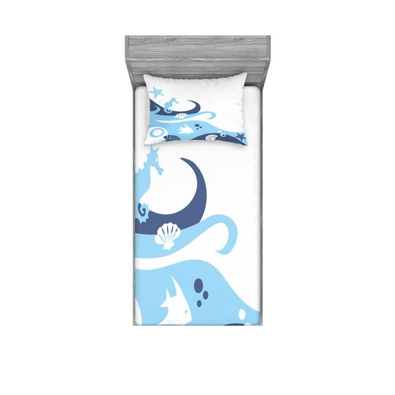Ambesonne Ocean Fitted Sheet & Pillow Sham Set, Deep Sealife Creatures, Twinxl, Navy Blue Aqua and White