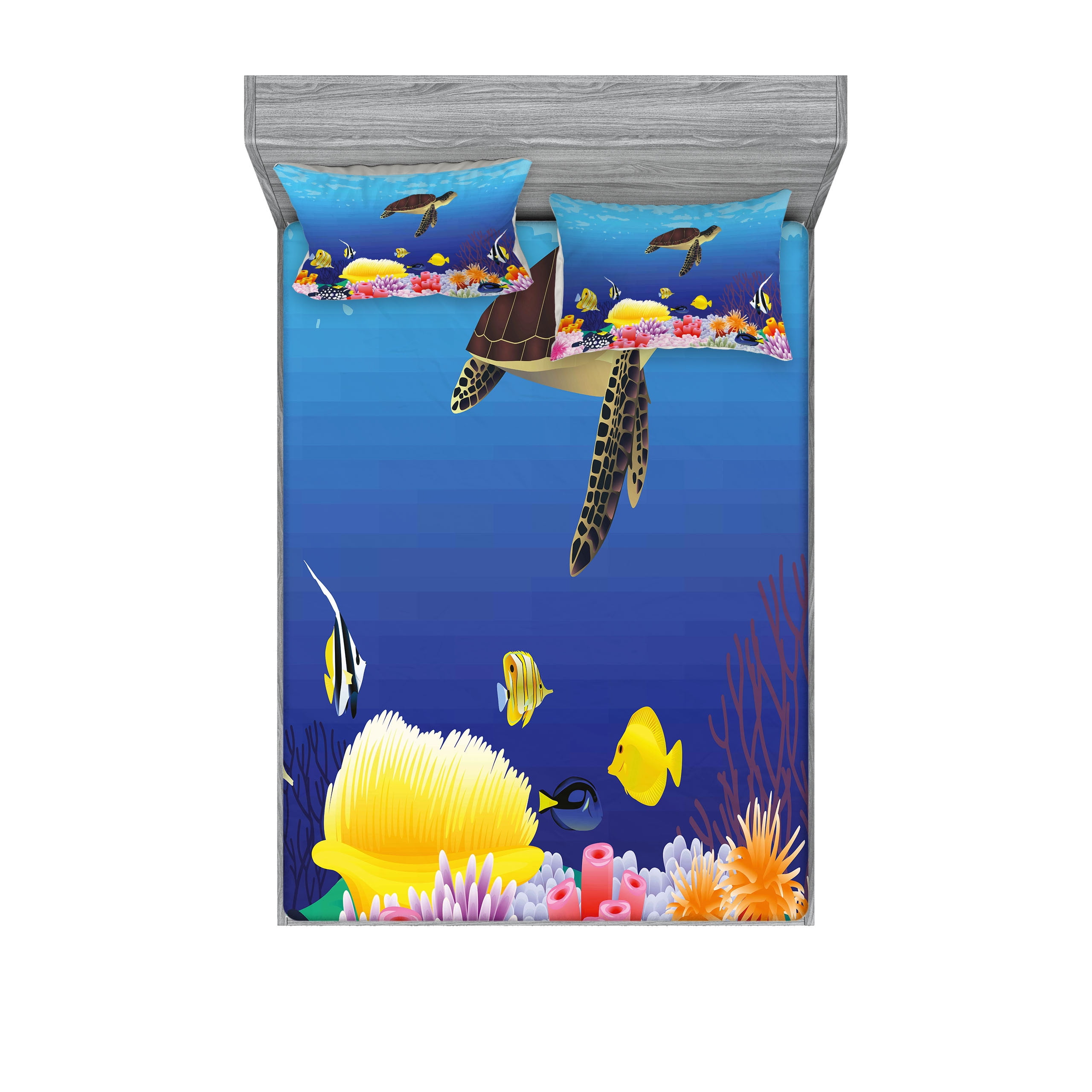 Ambesonne Ocean Fitted Sheet & Pillow Sham Set, Deep Sealife Fish Moss ...