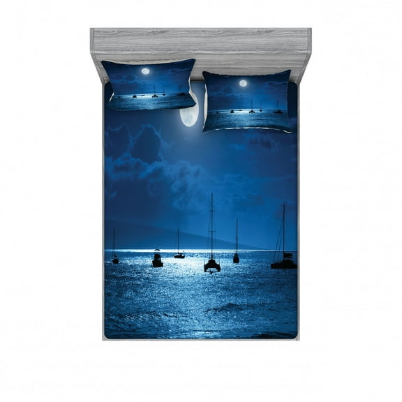 Ambesonne Ocean Fitted Sheet & Pillow Sham Set, Dramatic Nighttime Sky, Queen, Navy White