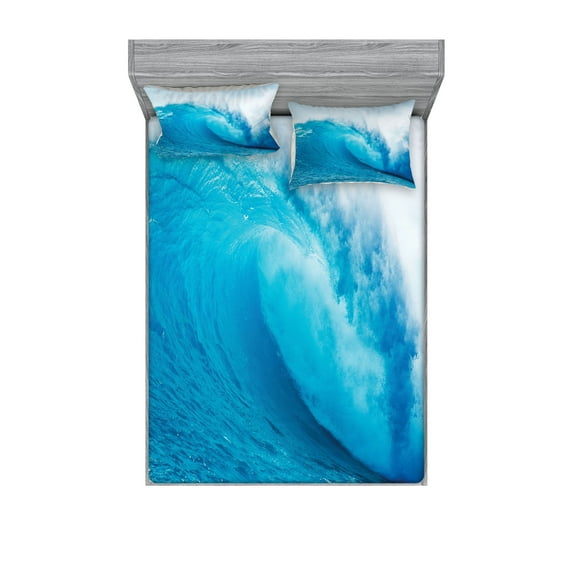 Ambesonne Ocean Fitted Sheet & Pillow Sham Set, Extreme Water Sports, Full, Aqua White