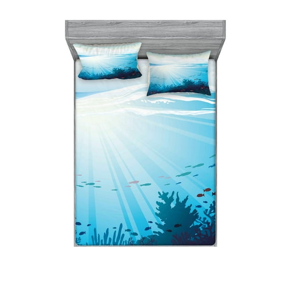 Ambesonne Ocean Fitted Sheet & Pillow Sham Set, Fish Aquarium Coral Reefs, Queen, Teal Turquoise and Blue