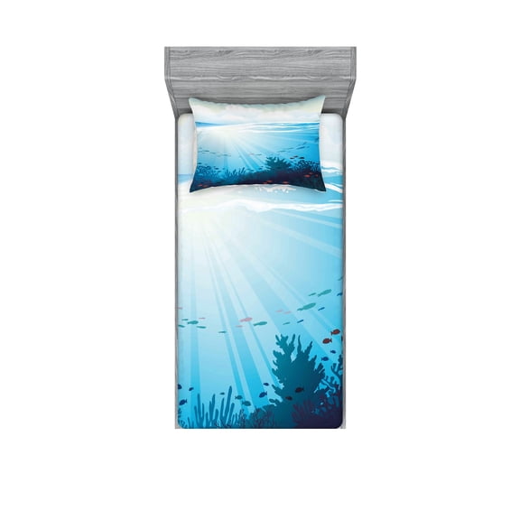 Ambesonne Ocean Fitted Sheet & Pillow Sham Set, Fish Aquarium Coral Reefs, Twin, Teal Turquoise and Blue