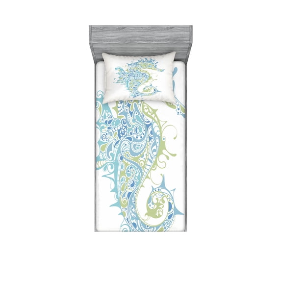 Ambesonne Ocean Fitted Sheet & Pillow Sham Set, Greek Seahorse Mythological, Twinxl, Pale Blue Green