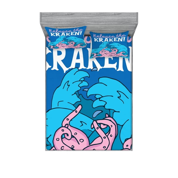 Ambesonne Ocean Fitted Sheet & Pillow Sham Set, Kraken Motivation Words, Queen, Pink Royal Blue