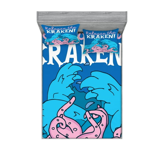 Ambesonne Ocean Fitted Sheet & Pillow Sham Set, Kraken Motivation Words, Queen, Pink Royal Blue