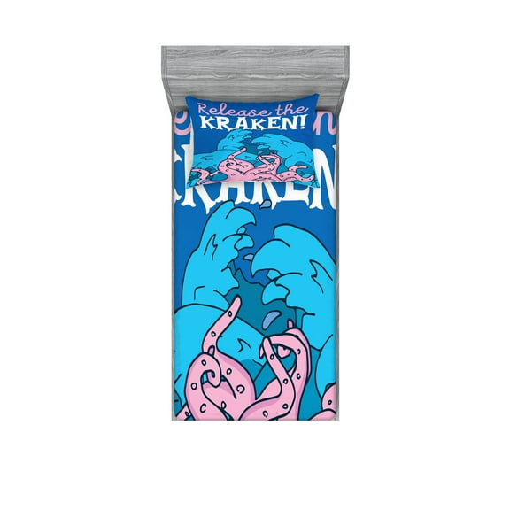 Ambesonne Ocean Fitted Sheet & Pillow Sham Set, Kraken Motivation Words, Twinxl, Pink Royal Blue